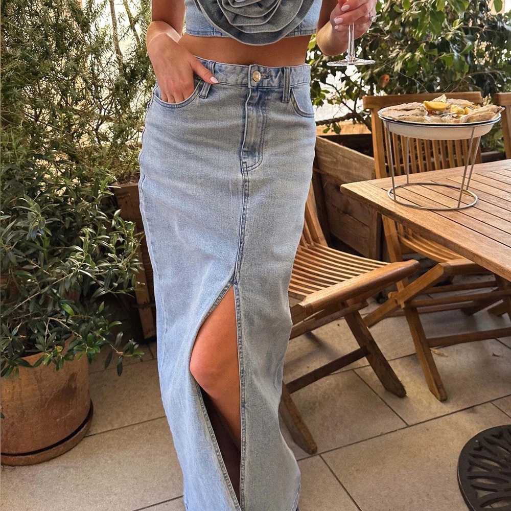 Show Me Your MuMu Light Blue Denim Maxi Skirt with Front Slit
